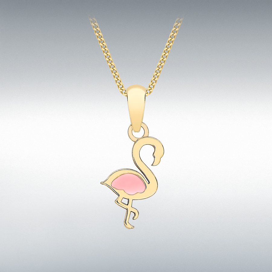 9ct Yellow Gold 7mm x 18mm Pink Enamel Flamingo Pendant