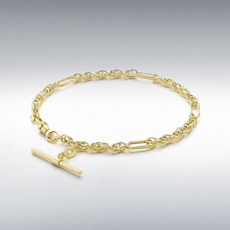 9ct Yellow Gold 25mm x 1.5mm T-Bar Figaro Rope Chain Albert-Clasp Bracelet 19cm/7.5