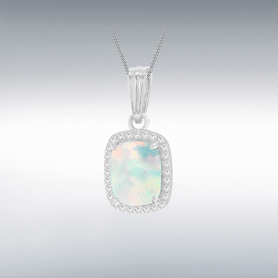 Sterling Silver Rhodium Plated Rectangle Synthetic Opal and White CZ 10mm x 20mm Halo Pendant