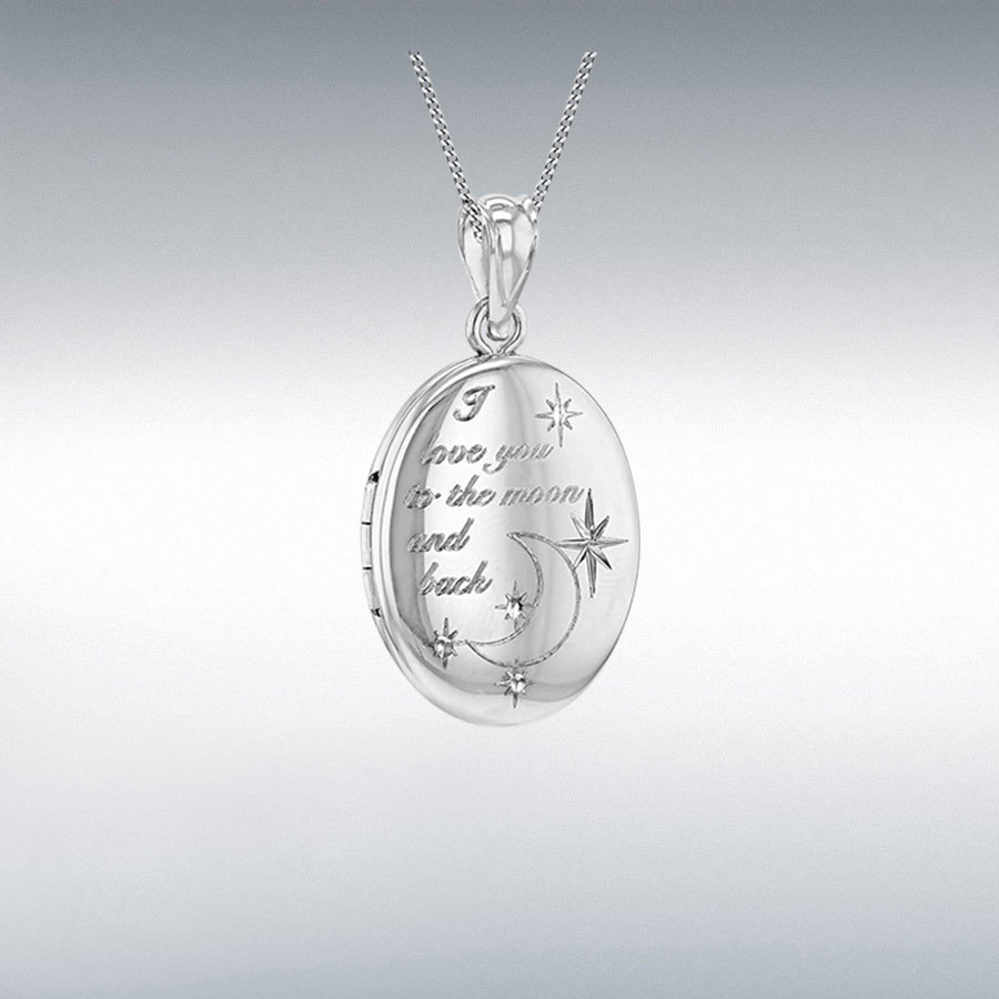 Sterling Silver Rhodium Plated Oval Shape "Love You to the Moon and Back" Medium Locket Pendant 