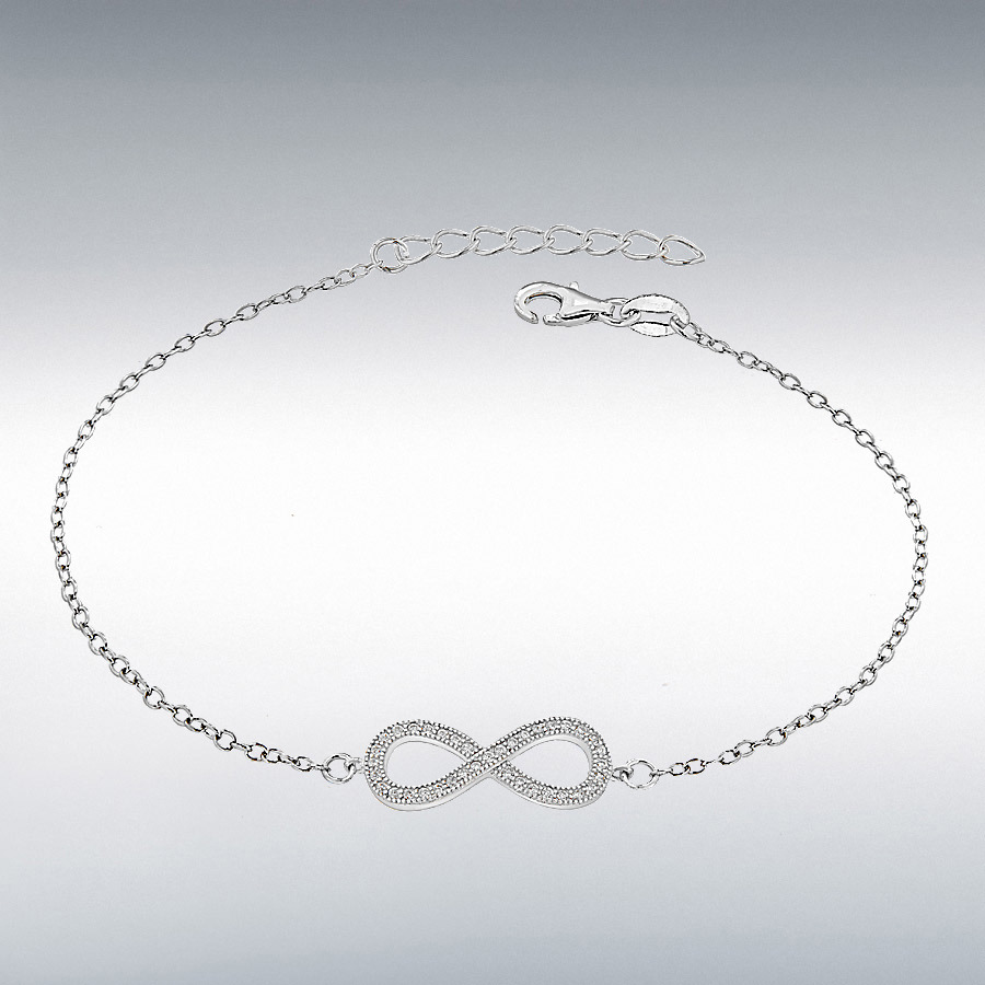 Sterling Silver Rhodium Plated CZ 23mm x 8mm 'Infinity' Adjustable Bracelet 16.5cm/6.5"-19cm/7.5