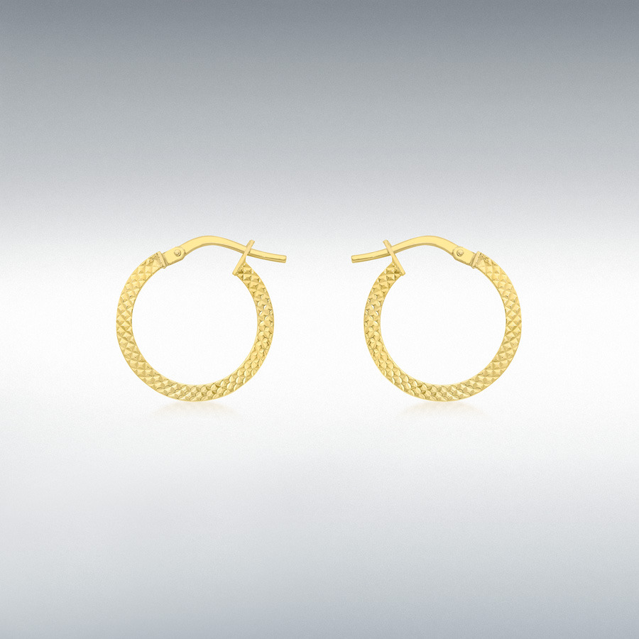 9ct Yellow Gold 2mm Tube 15mm Cobra-Textured Hoop Creole Earrings