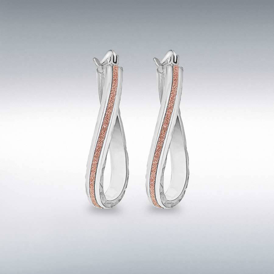 Sterling Silver Rhodium Plated Diamond Cut Rose Stardust Twisted Oval Creole Earrings
