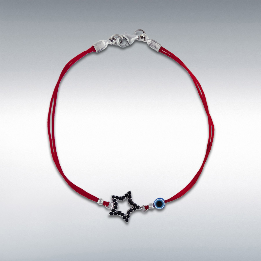 Sterling Silver Black CZ 11mm x 11.5mm Star and Bead Red Cord Bracelet 18cm/7
