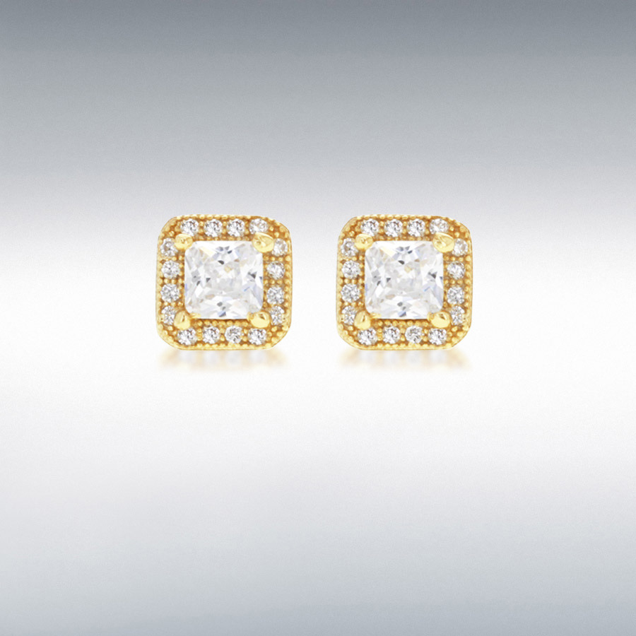 Sterling Silver Yellow Gold Plated CZ 7mm x 7mm Square Stud Earrings