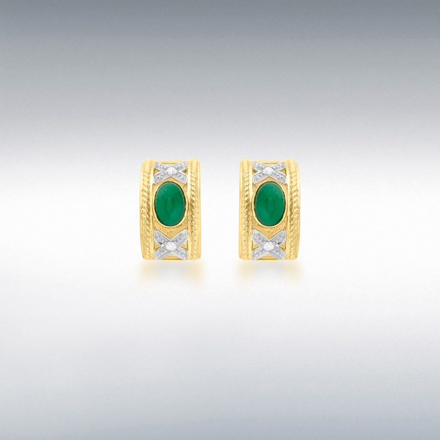 9ct Yellow Gold 0.07ct Diamond and Emerald 8mm x 14mm Half-Band Earrings