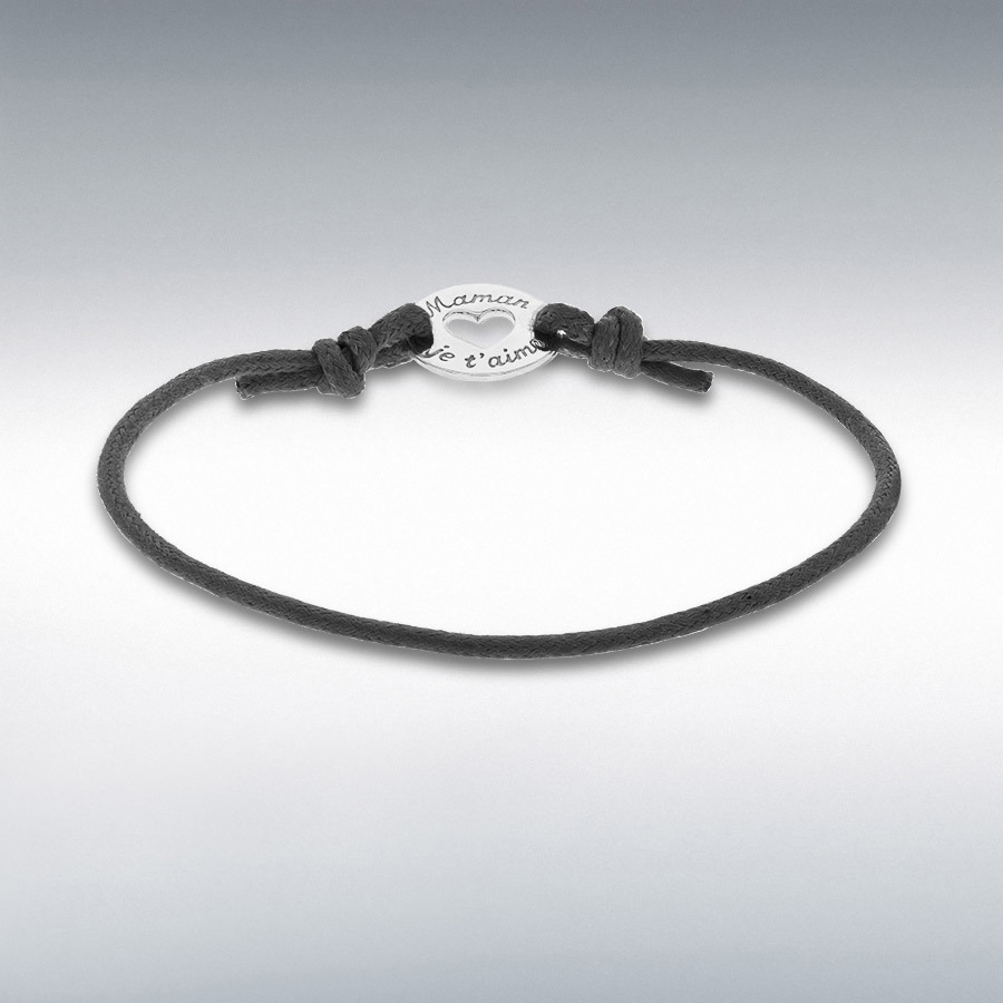 Sterling Silver 'Maman Je T'aime' 16mm Disc and Black Cord Adjustable Bracelet 13cm/5" - 23cm/9"