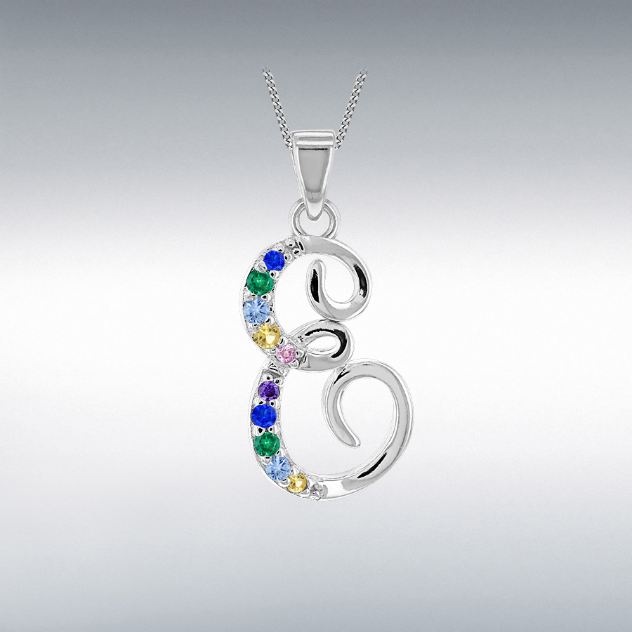 Sterling Silver Rhodium Plated with Multi-Coloured CZ Script E Initial Pendant