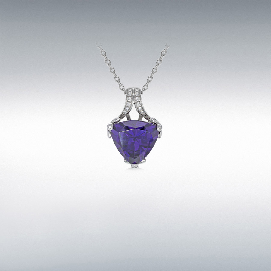 Sterling Silver Rhodium Plated White and Heart Shaped Purple CZ 14mm x 21mm Pendant on Adjustable Chain Necklace 39cm/15.5"-42cm/16.5