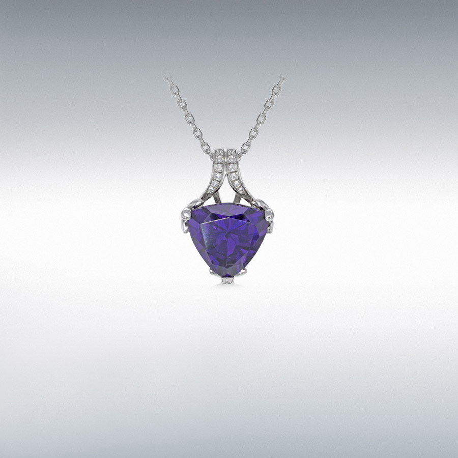 Sterling Silver Rhodium Plated White and Heart Shaped Purple CZ 14mm x 21mm Pendant on Adjustable Chain Necklace 39cm/15.5"-42cm/16.5