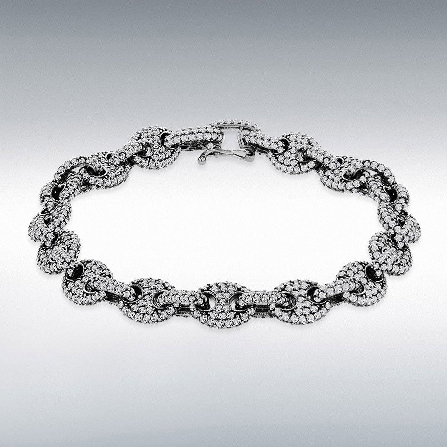 Sterling Silver Black Rhodium Plated 1mm White CZ Gucci Bracelet 19cm/7.5"