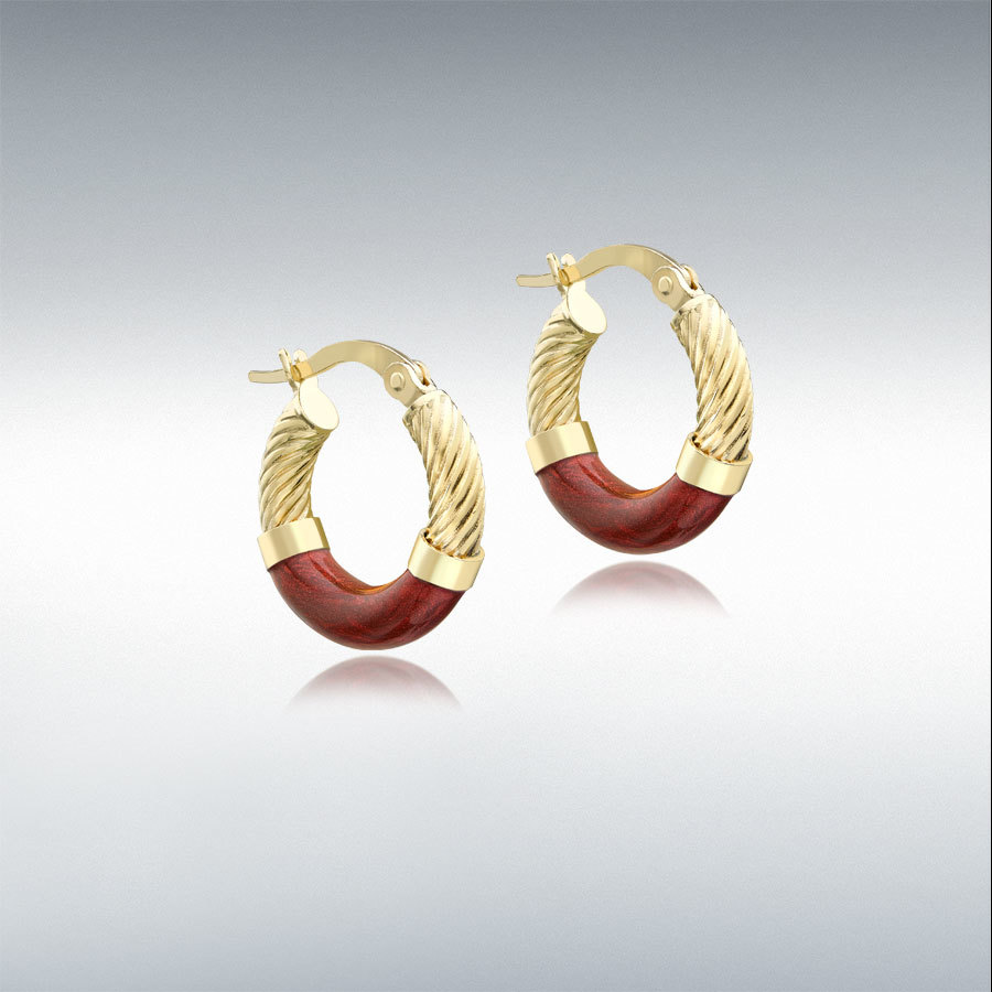 9ct Gold 16.5mm Red Enamel Twist-Tube Hoop Creole Earrings