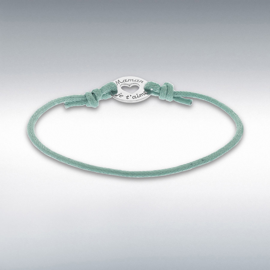 Sterling Silver 'Maman Je T'aime' 16mm Disc and Turquoise Cord Adjustable Bracelet 13cm/5" - 23cm/9"