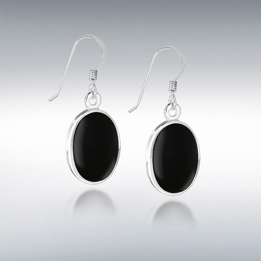 Sterling Silver Oval Onyx 12.5mm x 32.5mm Drop Earrings