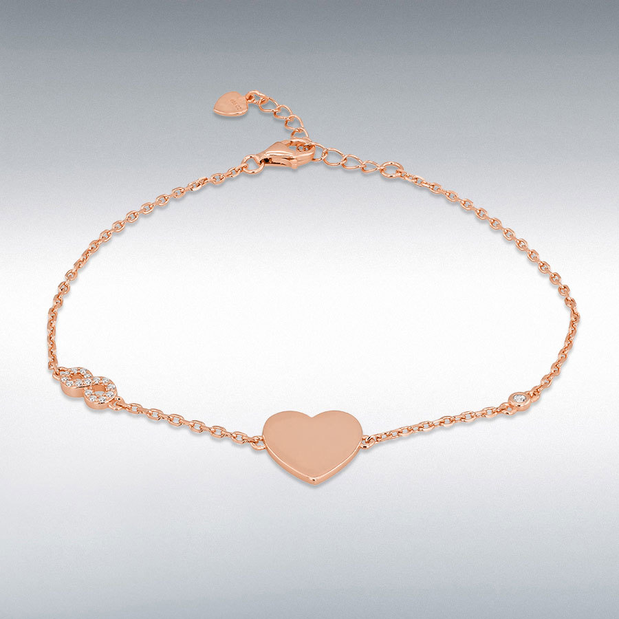 Sterling Silver Rose Gold Plated CZ 12.5mm x 12.5mm Heart and Infinity Adjustable Bracelet 19cm/7.5"-21.5cm/8.5"