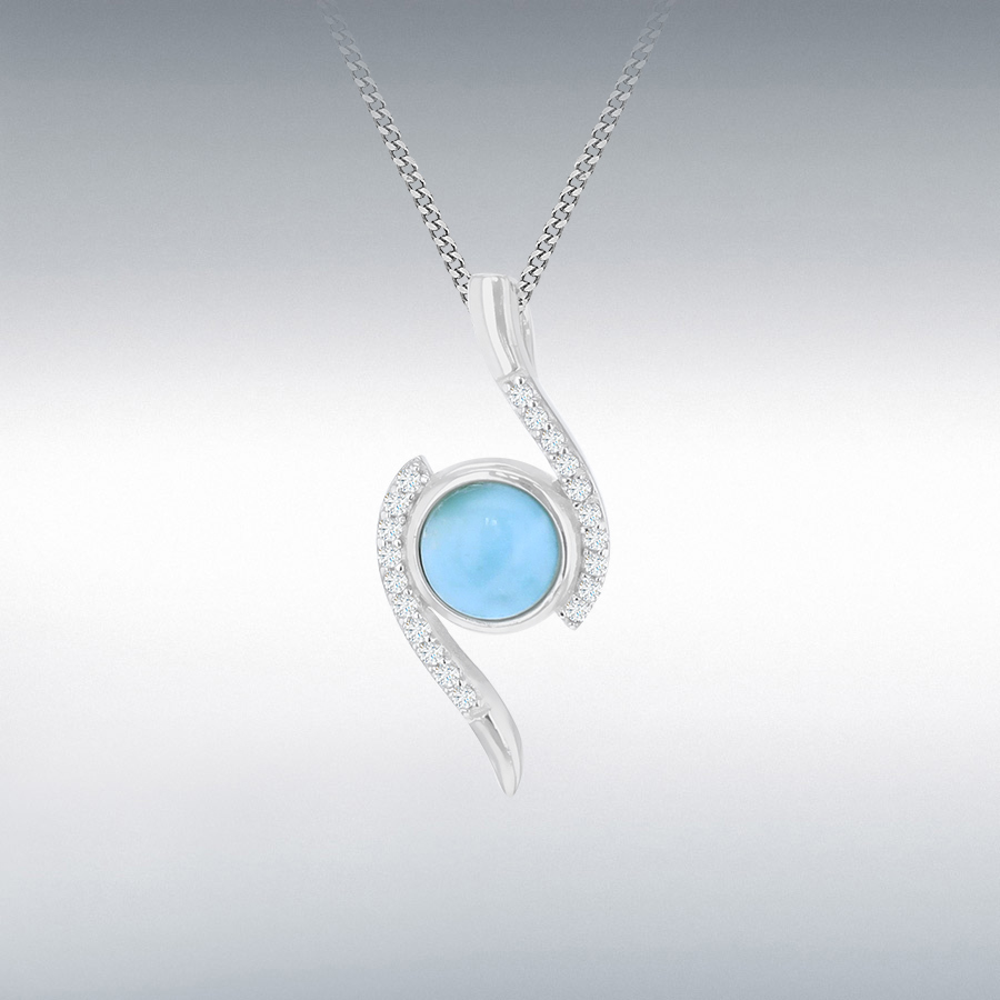 Sterling Silver Rhodium Plated CZ and Larimar 10mm x 22.5mm Wrap-Around Slider Pendant