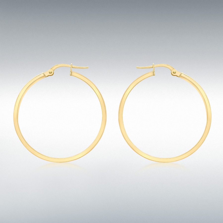 9ct Yellow Gold 3mm Rectangular-Tube 30mm Polished Hoop Creole Earrings