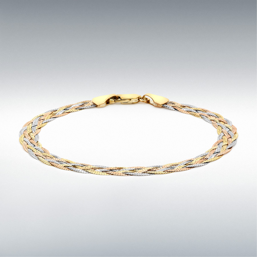 9ct 3-Colour Gold 6-Plait Textured Herringbone Bracelet 18cm/7"