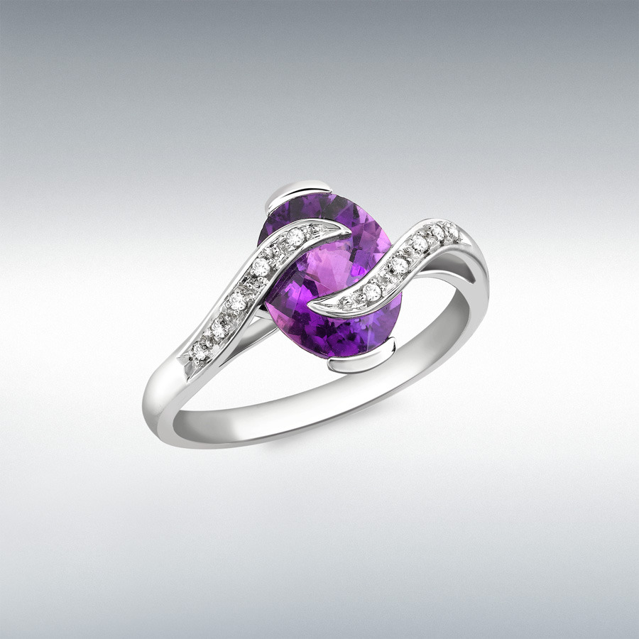 18ct White Gold 0.04ct Diamond and Oval Amethyst Ring
