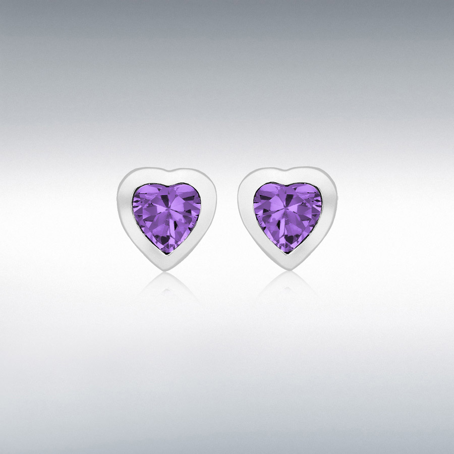 Sterling Silver Rhodium Plated Purple CZ 5.5mm x 6mm Heart Stud Earrings