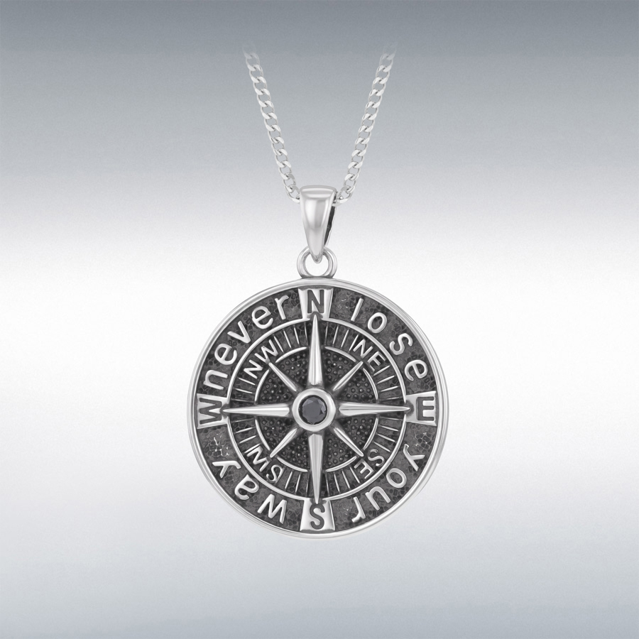 Sterling Silver 3mm Round Black Nano Crystal "Never Lose Your Way" Compass Pendant