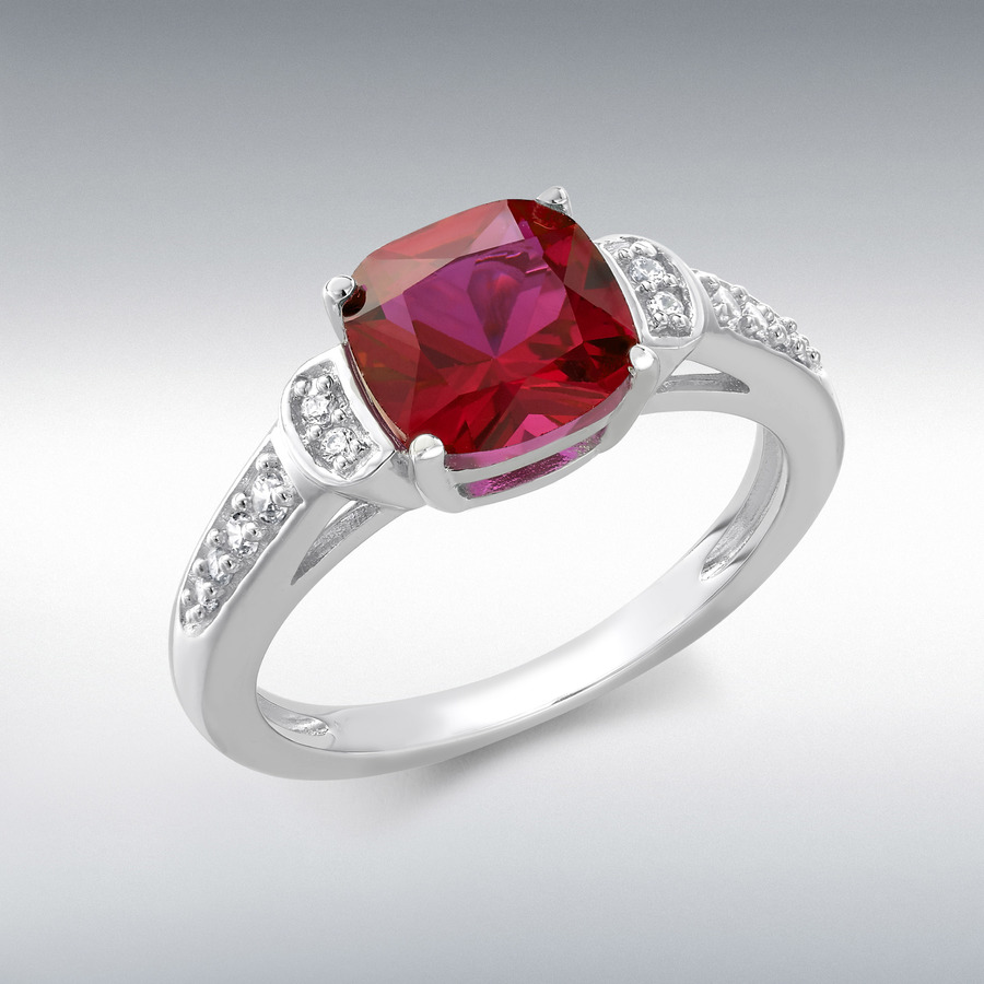 9ct White Gold CZ and Synthetic Ruby Open-Cathedral Ring