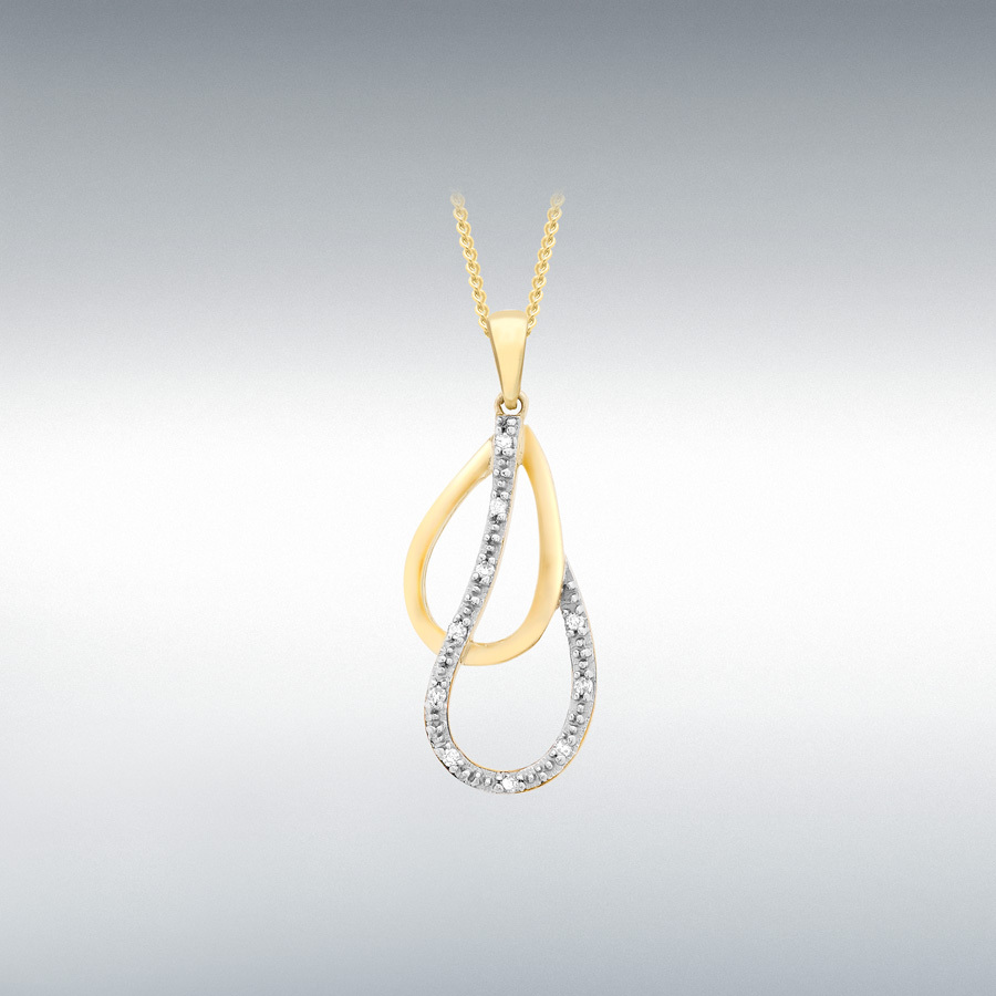 9ct Yellow Gold 0.03ct Diamond 9mm x 23mm Double-Teardrop Pendant