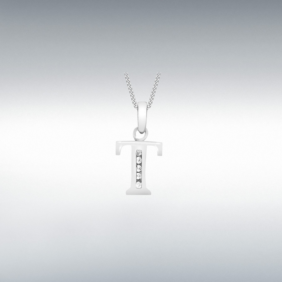 9ct White Gold CZ 8mm x 12mm 'T' Initial Pendant