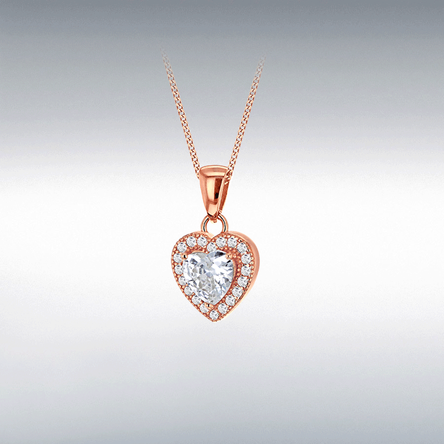 Sterling Silver Rose Gold Plated CZ 10mm x 17.5mm Heart Pendant