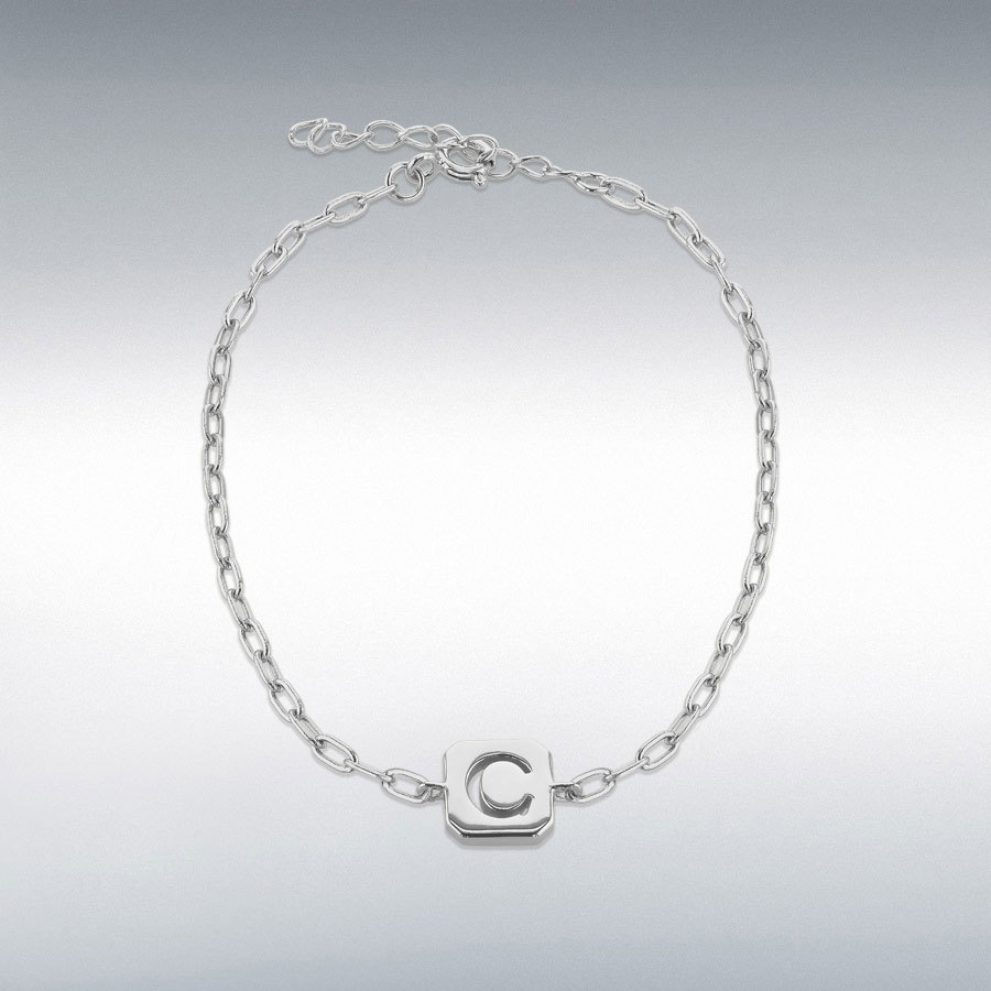 Sterling Silver 8mm x 9mm Initial 'C' Initial Bracelet 17cm/6.7"-20cm/8"