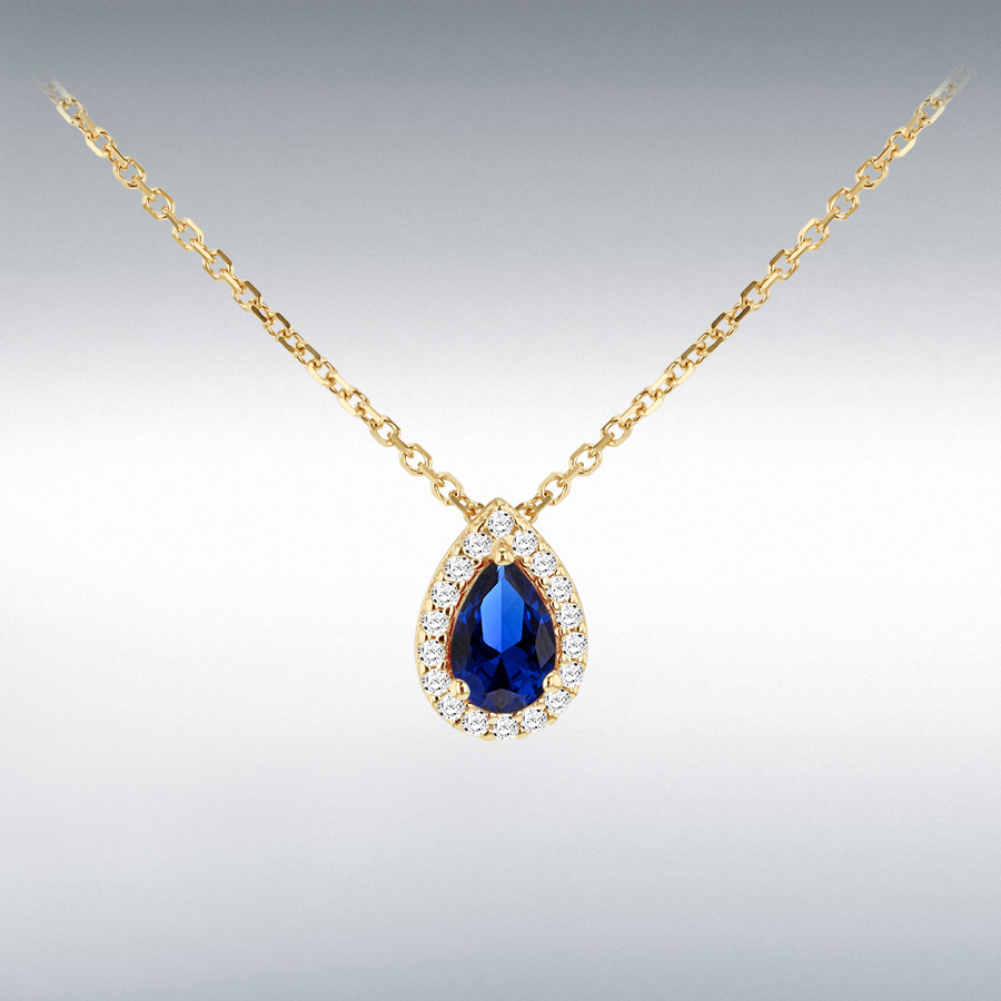 9ct Yellow Gold Blue Pear Shape CZ Halo Necklace 43cm/17"-46cm/18"