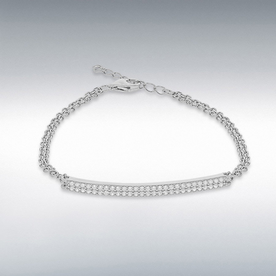 Sterling Silver Rhodium Plated CZ Bar and Double Chain Adjustable Bracelet 16.5cm/6.5"-19cm/7.5