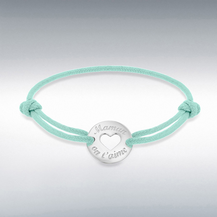 Sterling Silver Rhodium Plated Aqua Cord 16.4mm 'Maman on t'aime' Disc Adjustable Bracelet