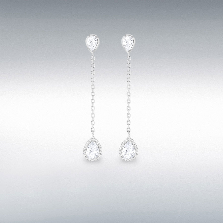 Sterling Silver Rhodium Plated White CZ Teardrop Drop Earring