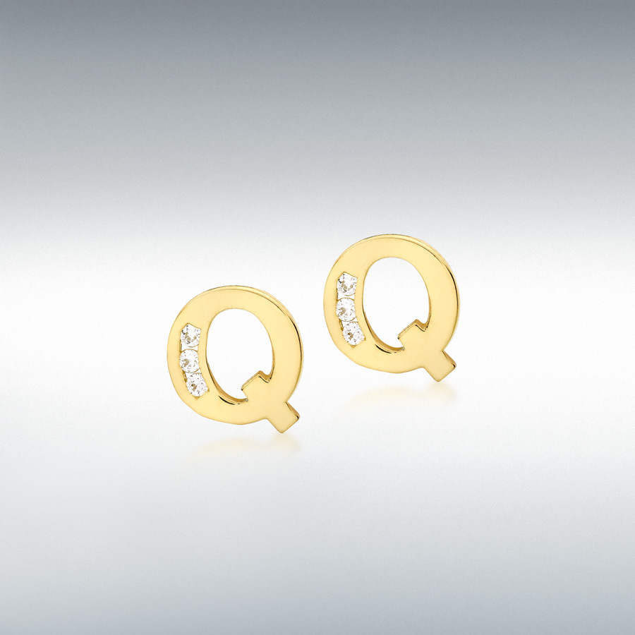 9ct Yellow Gold CZ 7mm x 7mm 'Q' Initial Stud Earrings