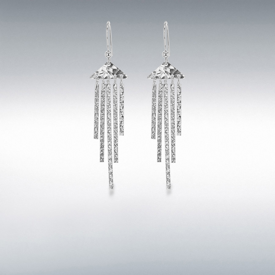 Sterling Silver Rhodium Plated 16.5mm x 72mm Diamond Cut Triangle and Bar Drop Earrings