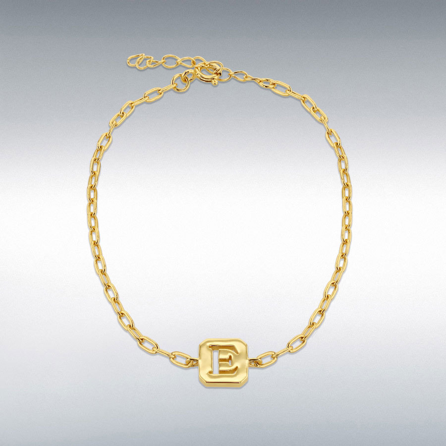 Sterling Silver Yellow Gold Plated 8mm x 9mm Initial 'E' Initial Bracelet 17cm/6.7"-20cm/8"