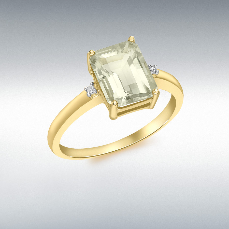 9ct Yellow Gold 0.01ct Diamond and 9mm x 7mm Green Amethyst Rectangular Ring