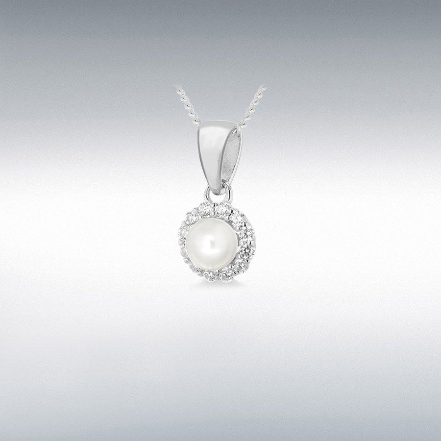 Sterling Silver Rhodium Plated CZ and 5mm Freshwater Pearl 7.6mm x 15mm Round Pendant