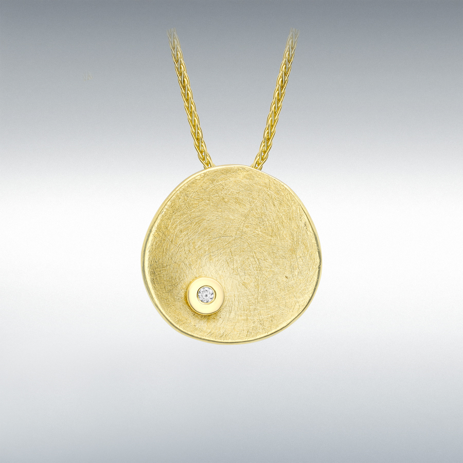 9ct Yellow Gold CZ 23.5mm Brushed Concave-Organic-Disc Spiga Chain Adjustable Necklace 41cm/16"-43cm/17"