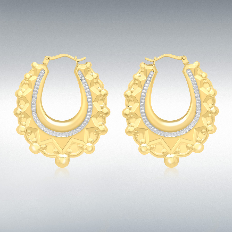 9ct 2-Tone Gold 31mm x 37mm Hollow Patterned Creole Earrings