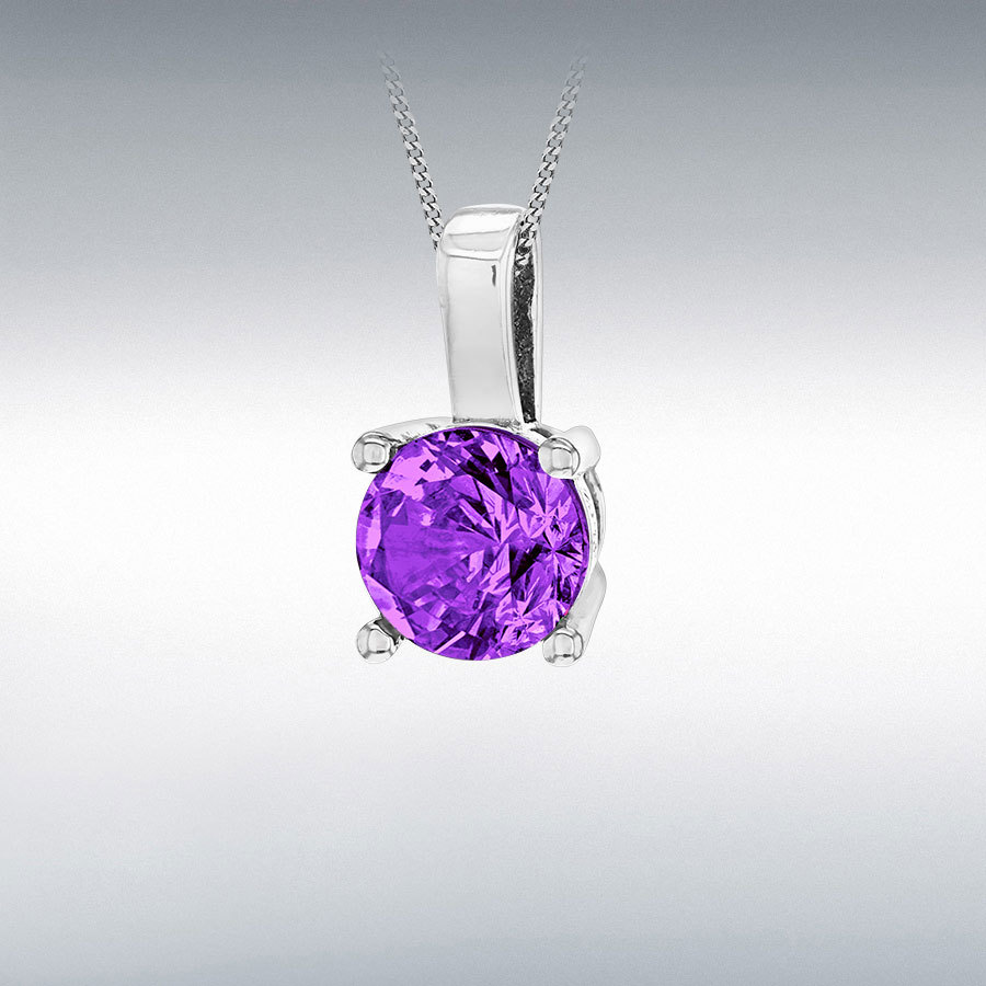 Sterling Silver Rhodium Plated Amethyst 5mm CZ February Birthstone Pendant