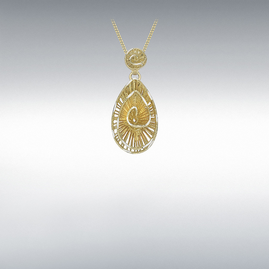 9ct 2-Tone Gold 11.5mm x 25mm Lace-Style Swirl Teardrop Pendant