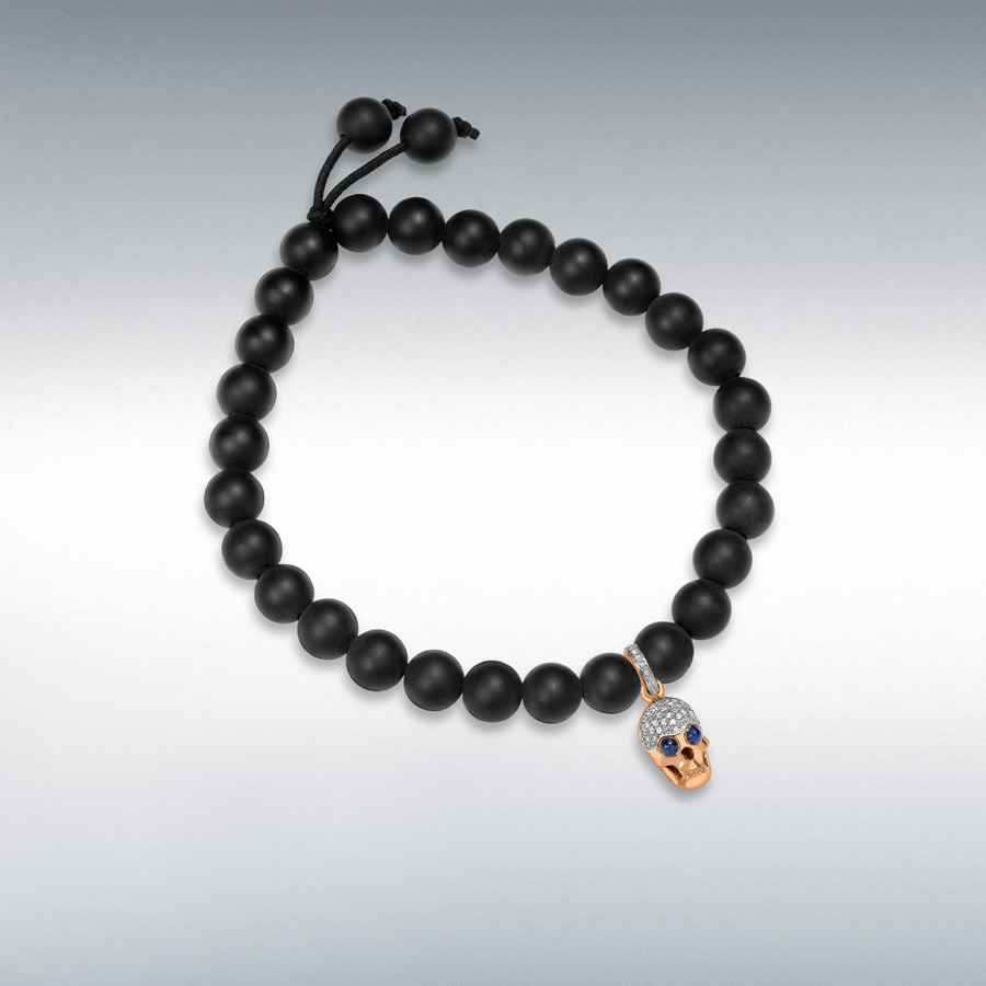 9ct Rose Gold 0.13ct Diamond Skull and Onyx Bead Bracelet 18cm/7"