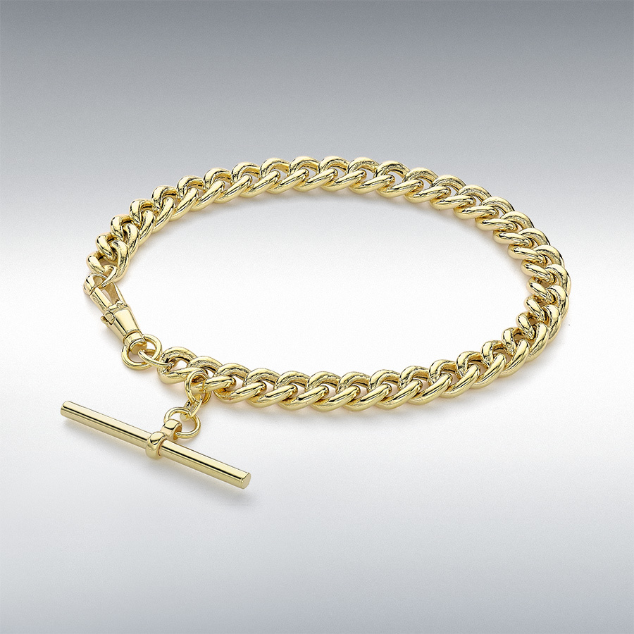 9ct Yellow Gold 23.5mm x 2.5mm T-Bar Hollow Round Curb Albert-Clasp Bracelet 20cm/8