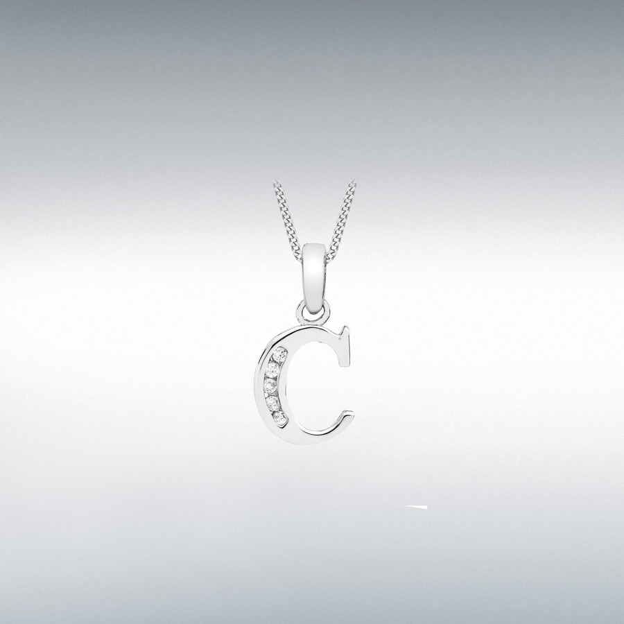 9ct White Gold CZ 8mm x 12mm 'C' Initial Pendant