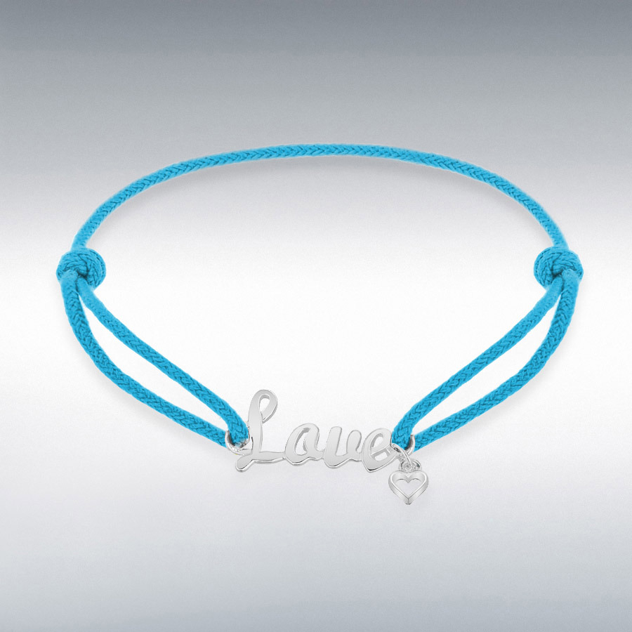 Sterling Silver Rhodium Plated Light Blue Cord 'Love' Bracelet