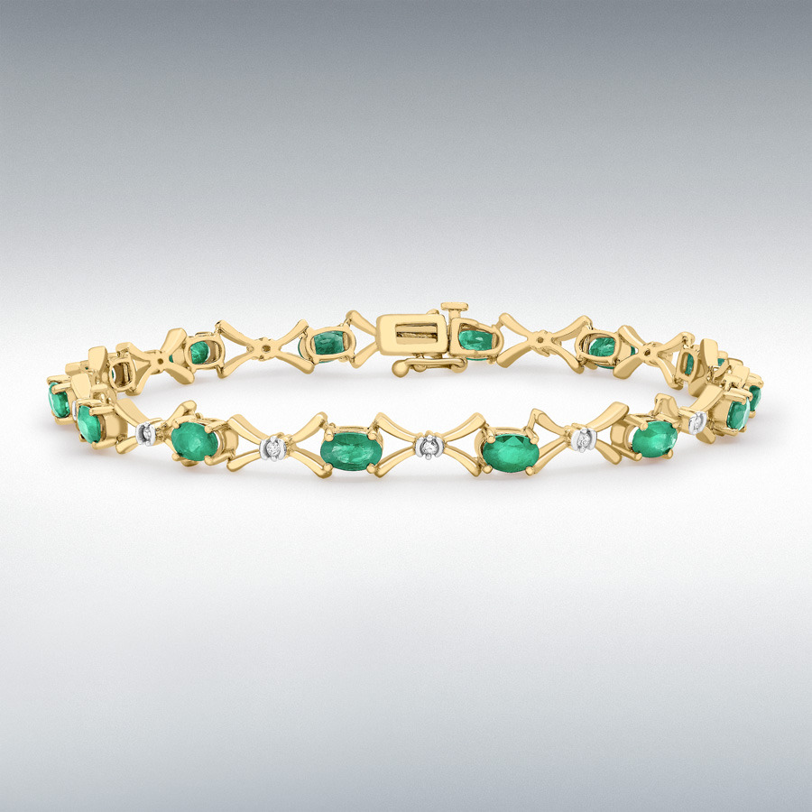 9ct Yellow Gold 0.12ct Diamond and Emerald Link Bracelet 18cm/7.5"