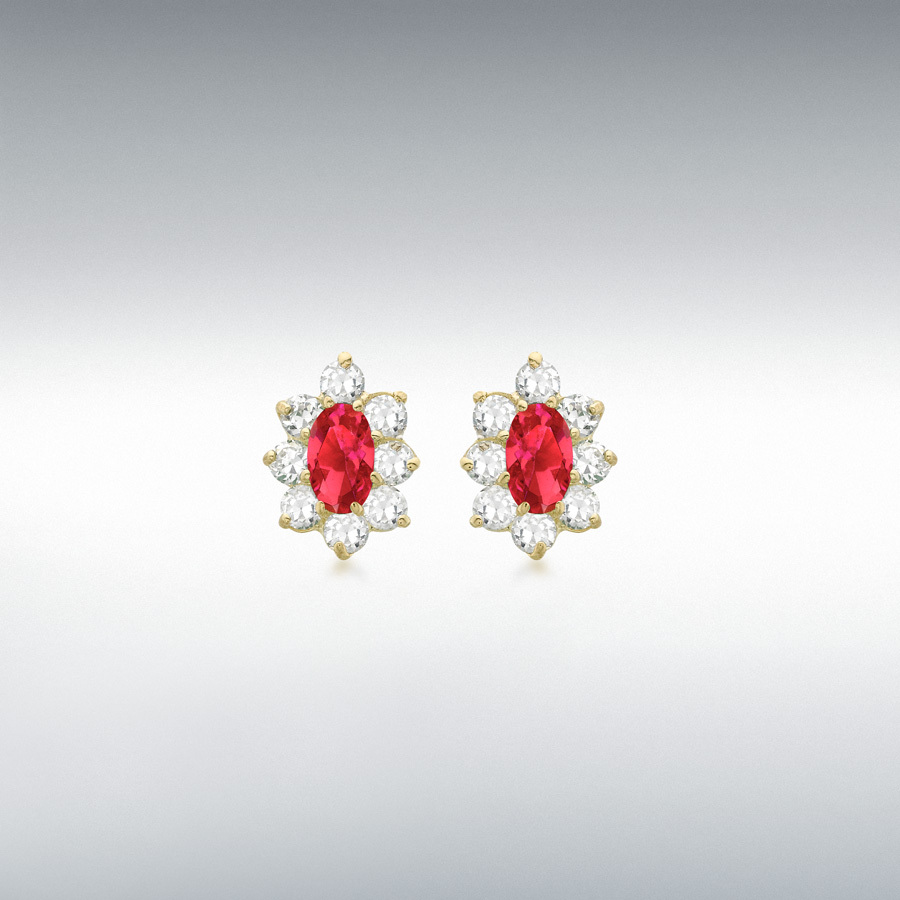 9ct Yellow Gold Oval Red and Round White CZ 8mm x 10mm Flower Cluster Stud Earrings