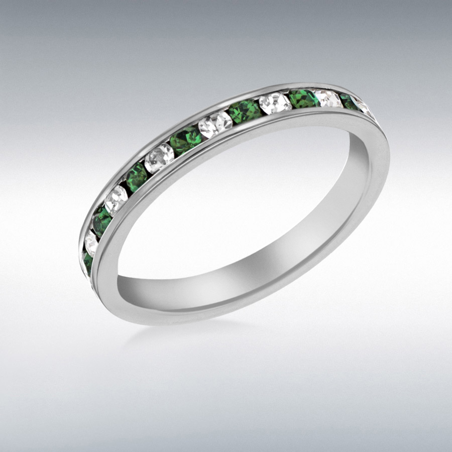 Sterling Silver Green and White Crystal 3mm Eternity Ring